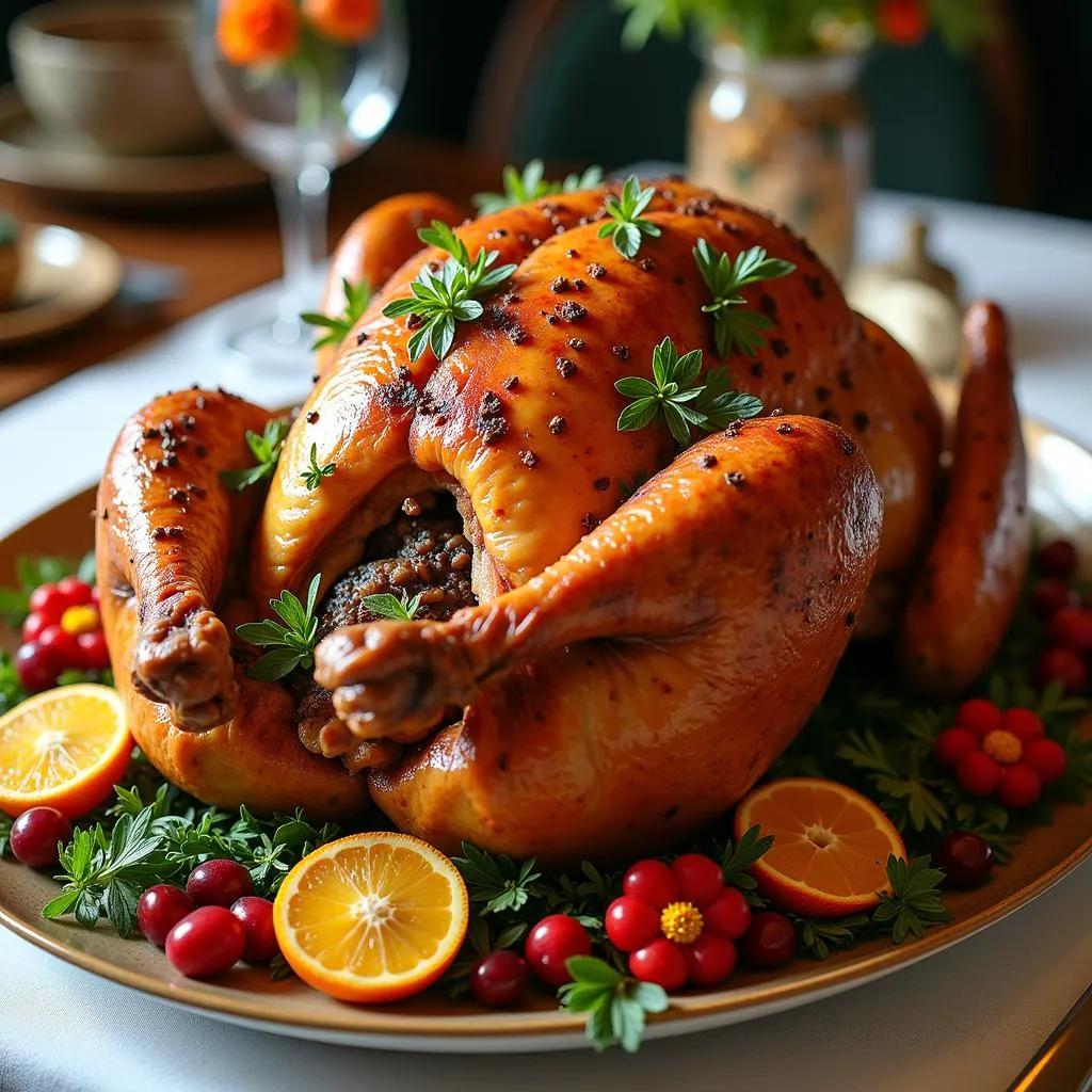 Roasted Turkey Garnished with Colorful Fruits and Vegetables