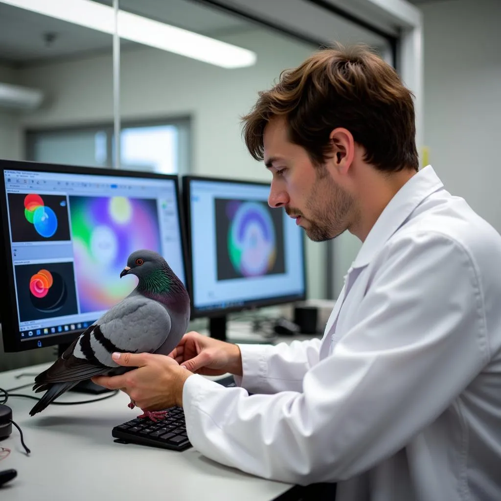 A scientist conducting a color vision experiment with a pigeon