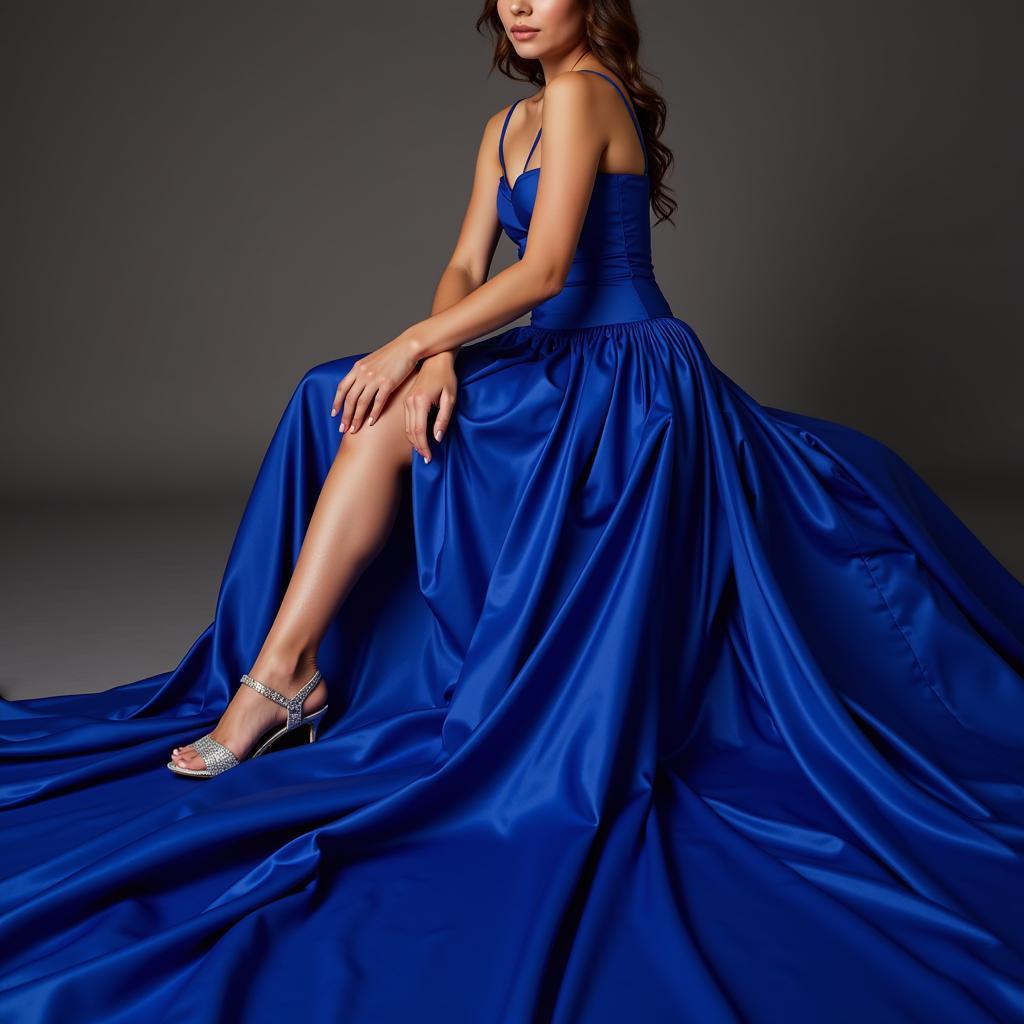 Silver sandals complementing a royal blue evening gown 