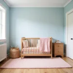 A soft and romantic nursery with sky blue walls and pink accents