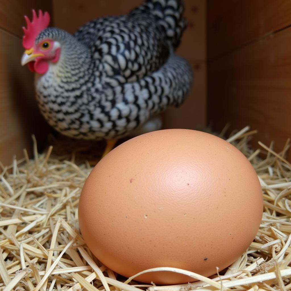 Speckled Sussex chicken laying eggs