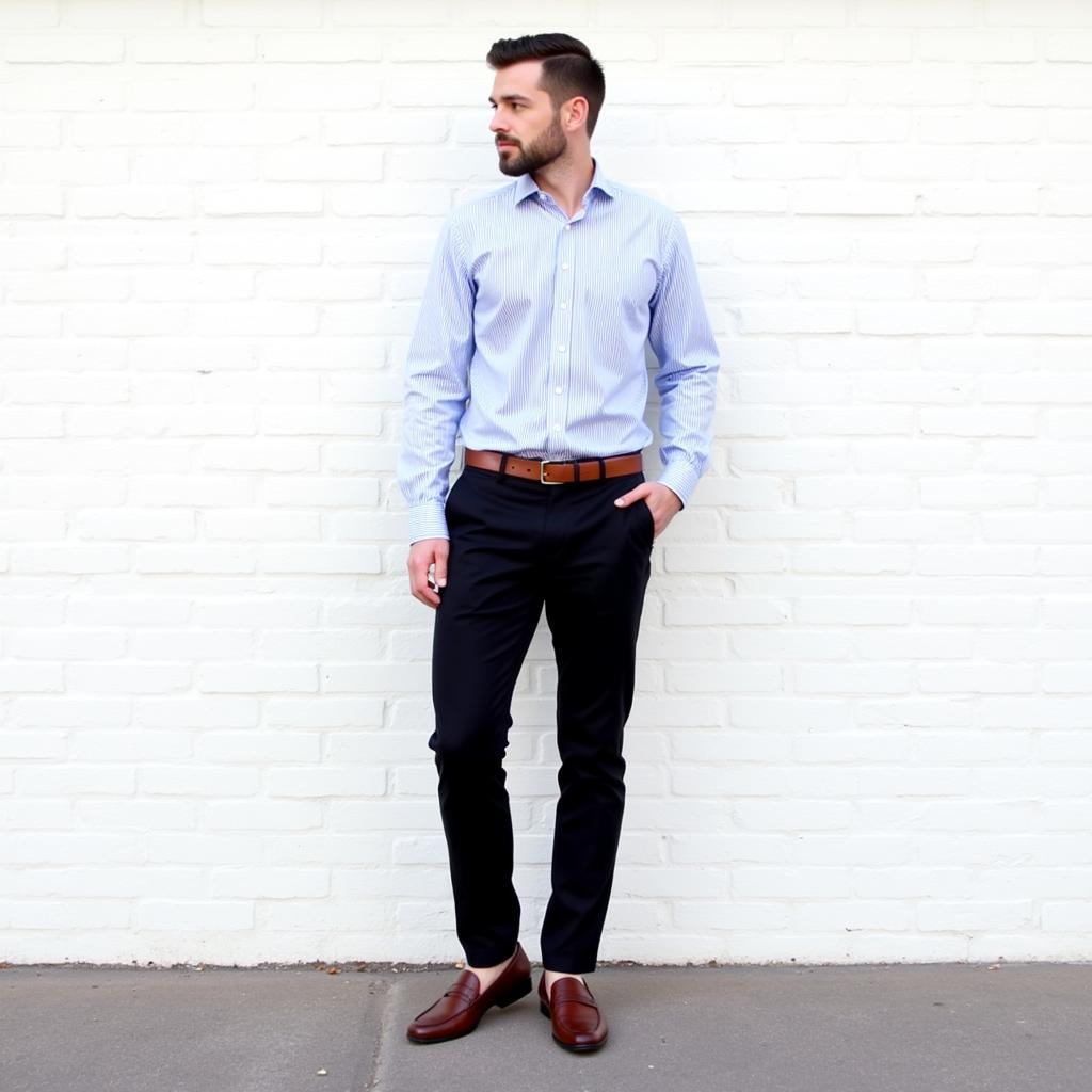 Striped Shirt Black Pants Men's Style: A man showcases a smart casual look with a finely striped blue and white shirt tucked into black pants, completed with brown leather loafers, demonstrating a classic and versatile outfit.