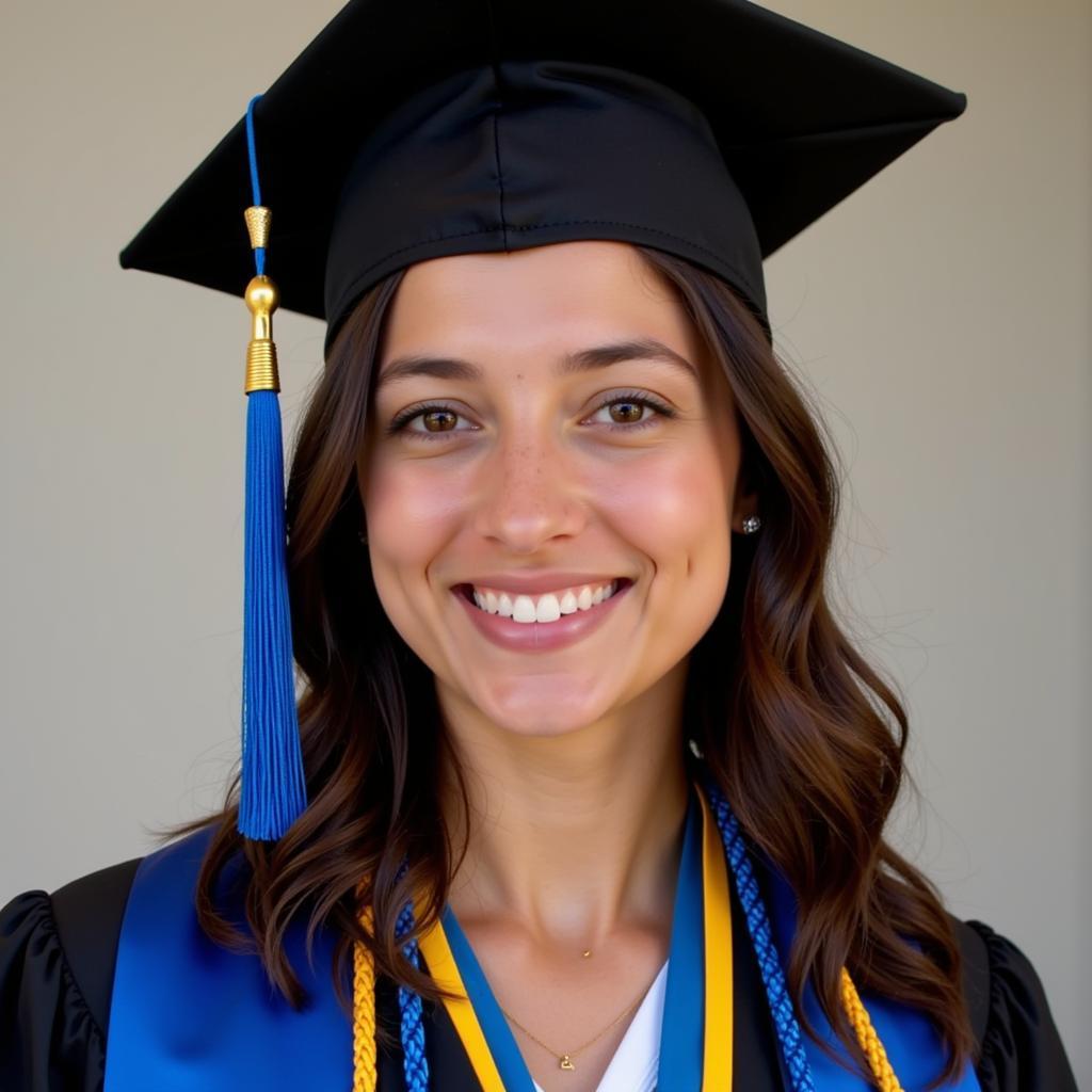 Student proudly wearing blue and gold cords during graduation