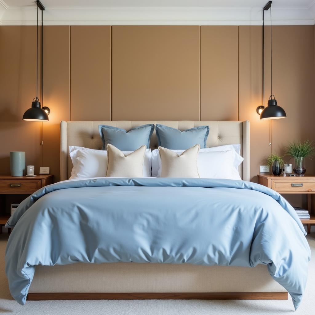 Bedroom with tan headboard and blue bedding