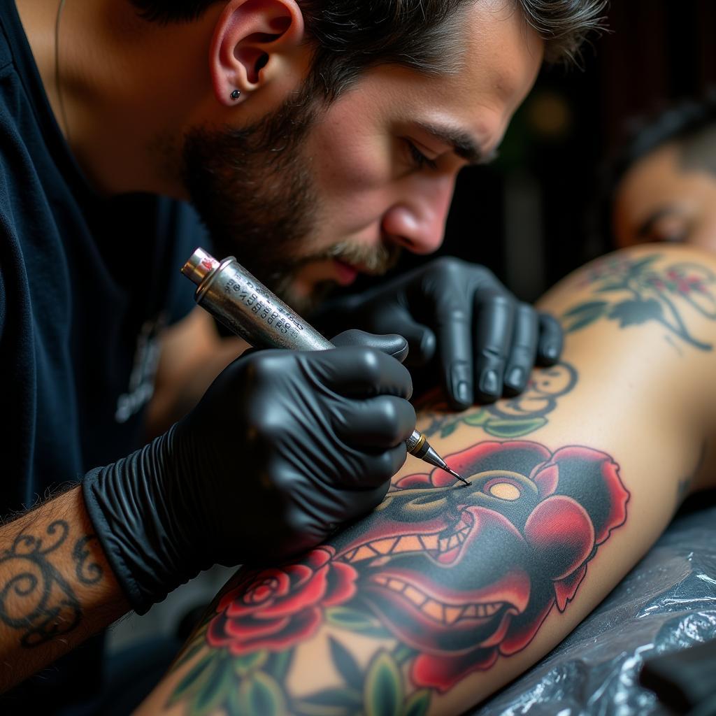 Tattoo artist meticulously applying color ink