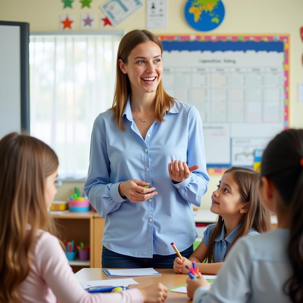 Teacher wearing blue in a classroom setting