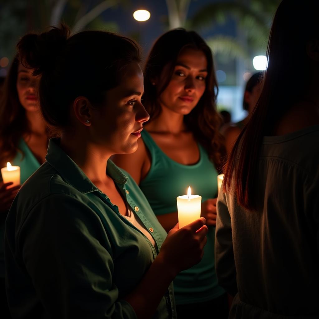 People gathered for a domestic violence awareness event, wearing teal ribbons and holding candles.