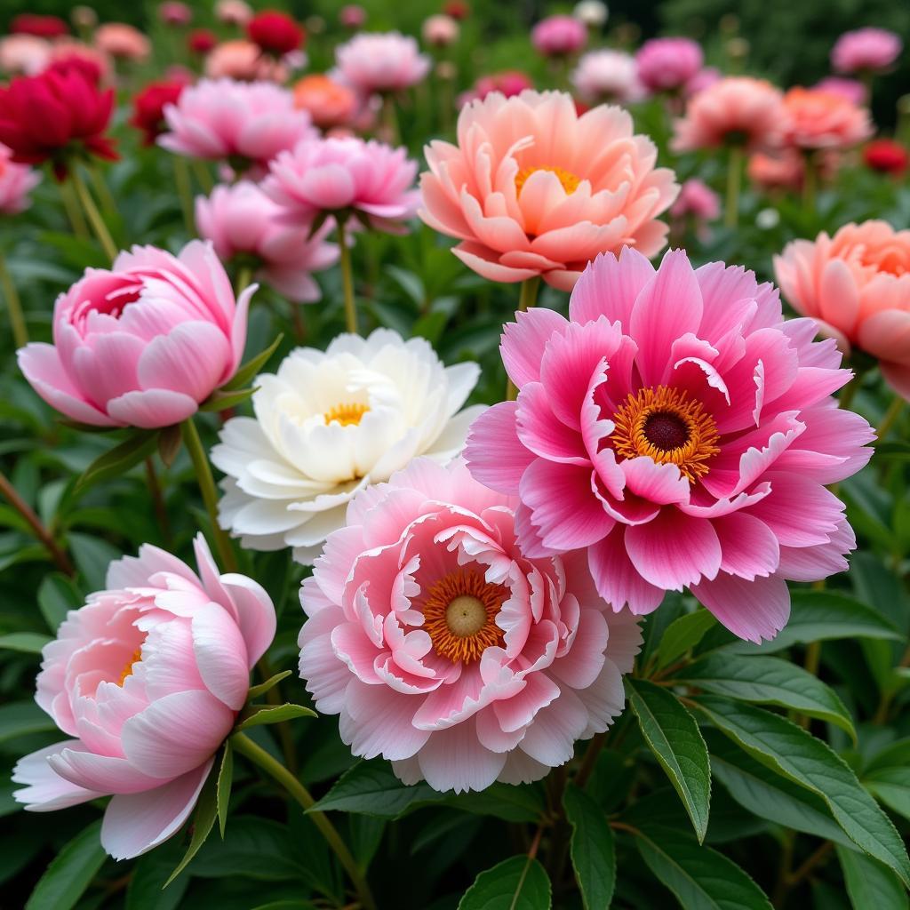 Variety of Peony Colors in Garden