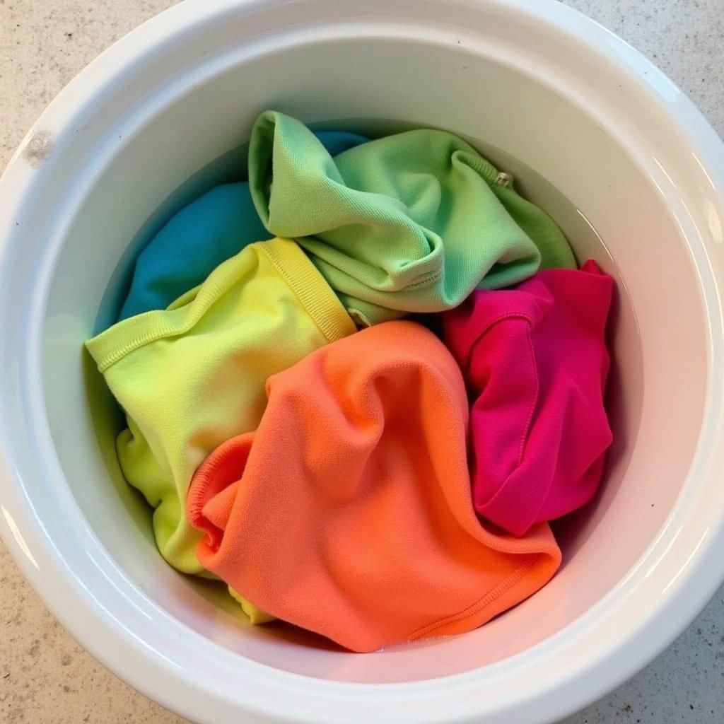 Soaking clothes in vinegar solution for color protection.