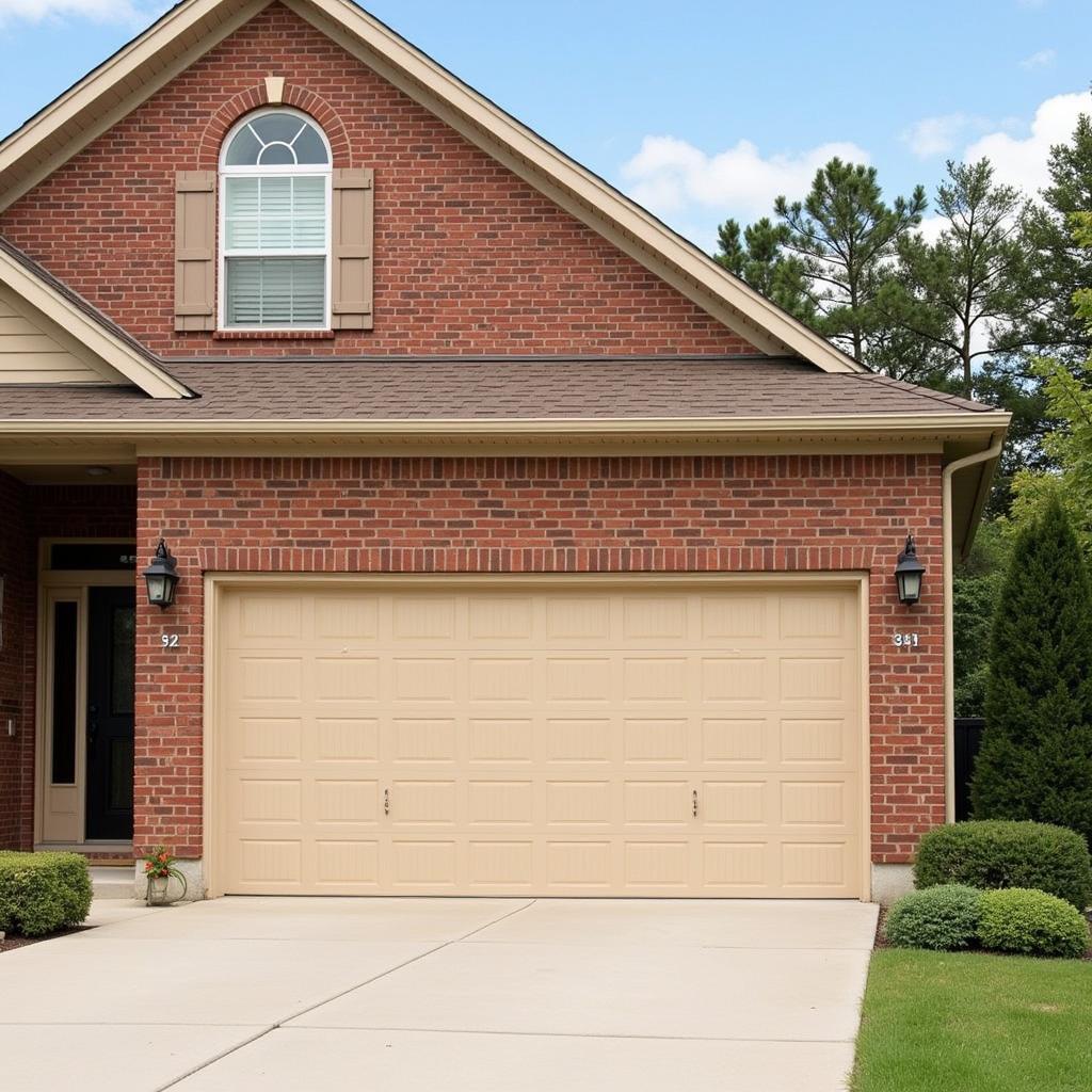 Traditional home with a warm beige garage door