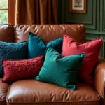 Warm brown leather couch decorated with colorful throw pillows