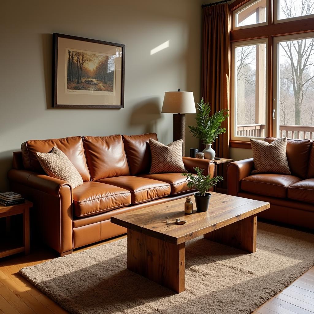 Warm Brown Leather Couch with Wooden Coffee Table