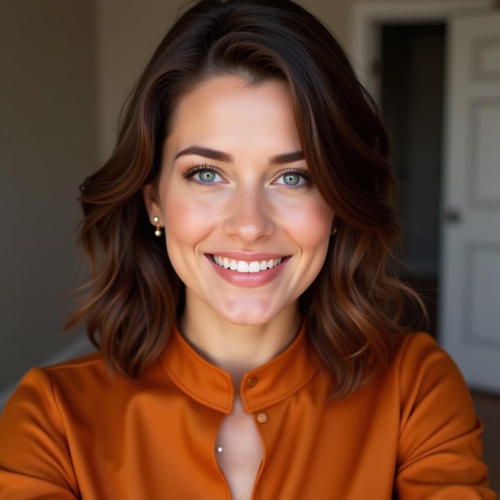 Woman with blue eyes wearing a burnt orange top