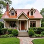 Siding in warm, earthy tones complementing a copper roof