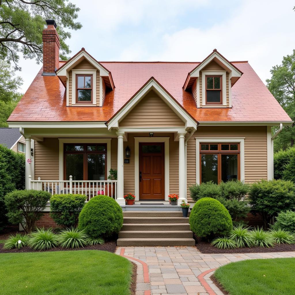 Siding in warm, earthy tones complementing a copper roof