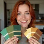 Woman with warm red hair holding up different color swatches