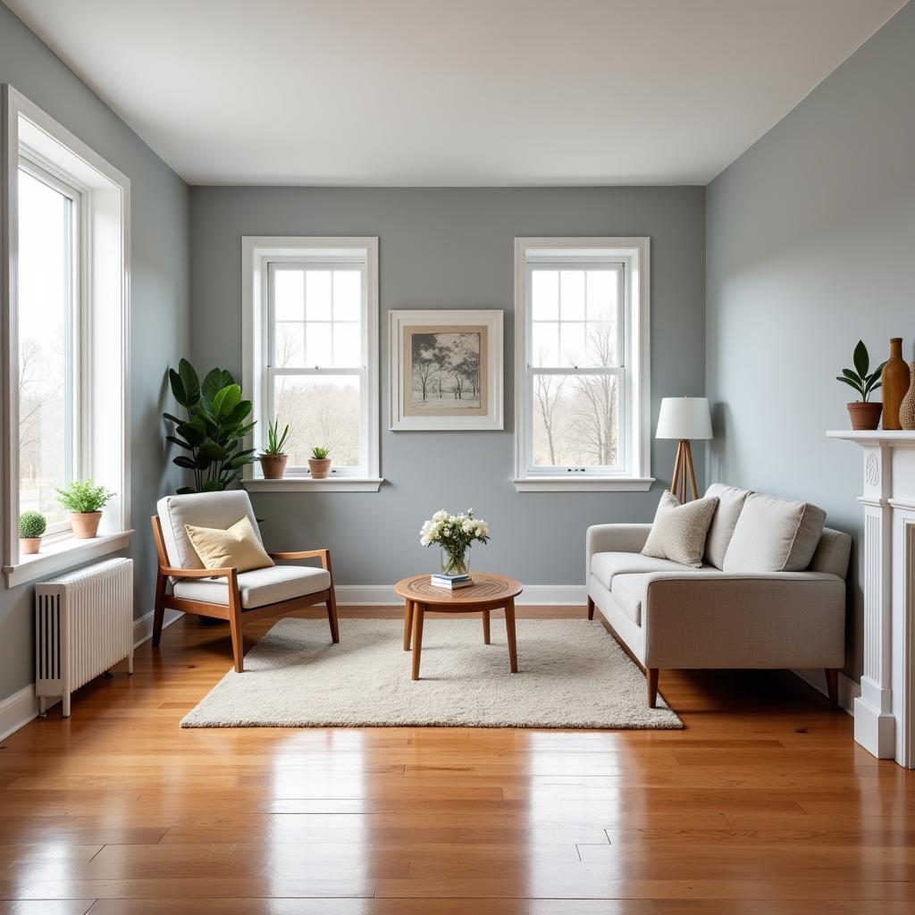 Warm wood floors with grey walls