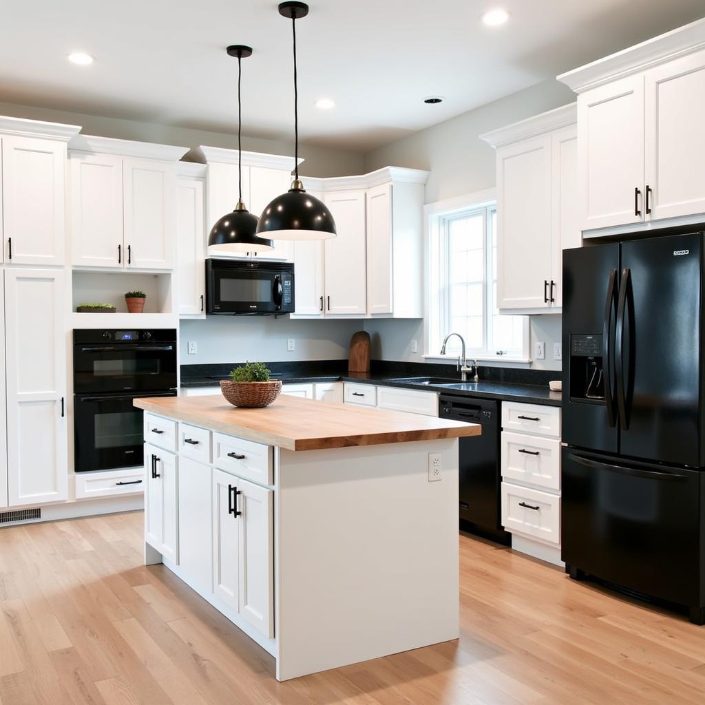 White Kitchen with Black Appliances and Wooden Accents