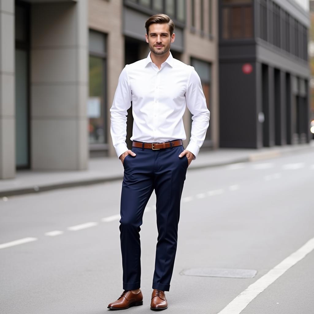 Man in White Shirt and Blue Pants