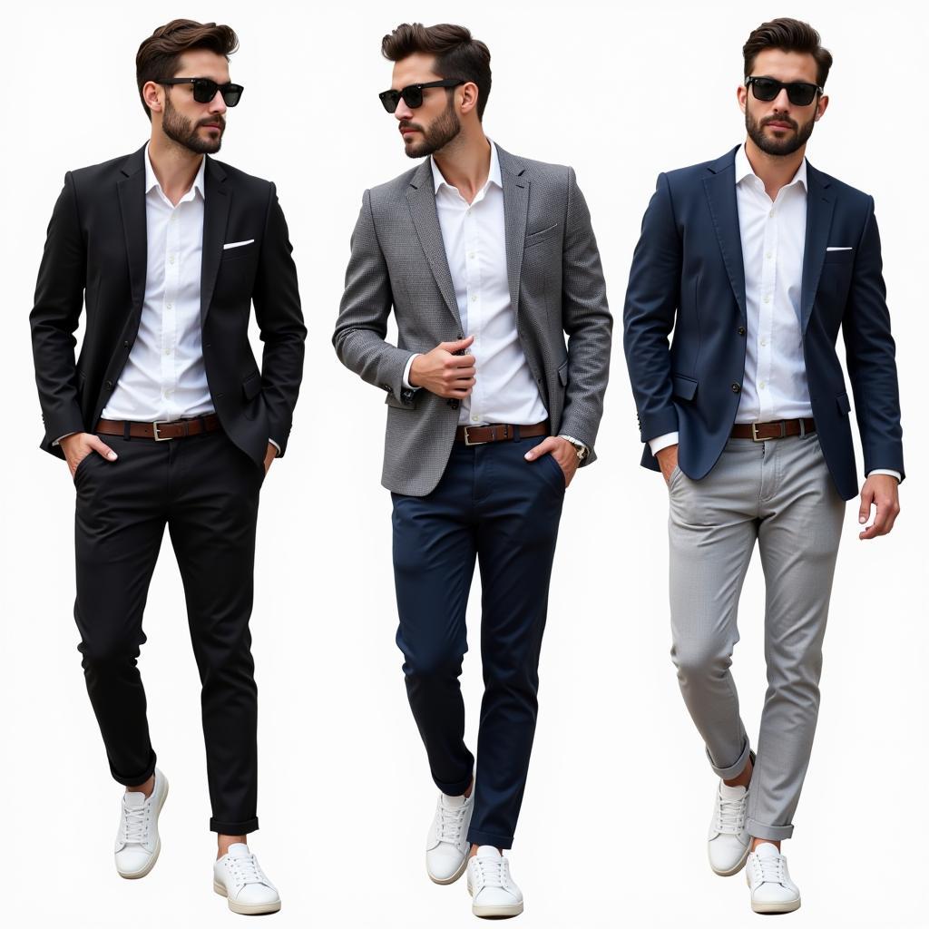 White shoes styled with different neutral colored pants