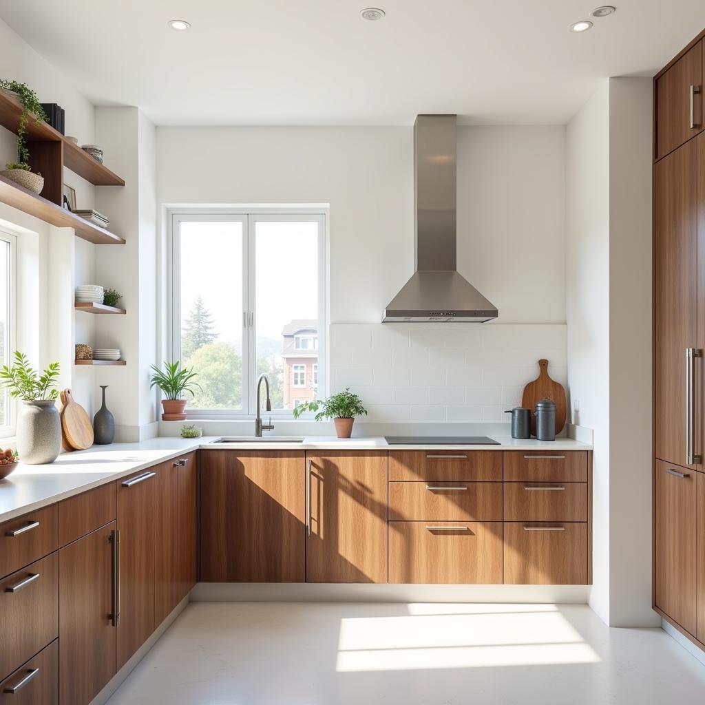 White walls brighten up a kitchen with brown cabinets