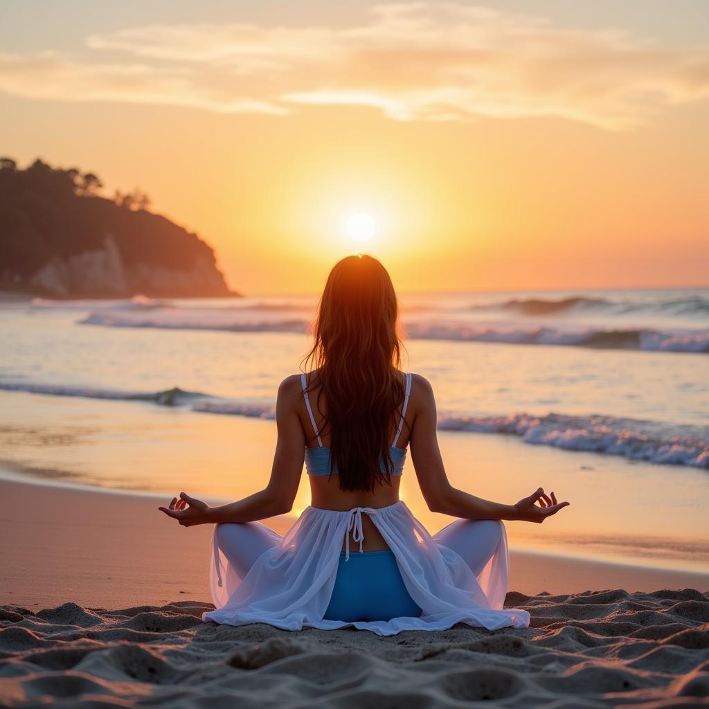 Woman meditating on the beach with blue underwear