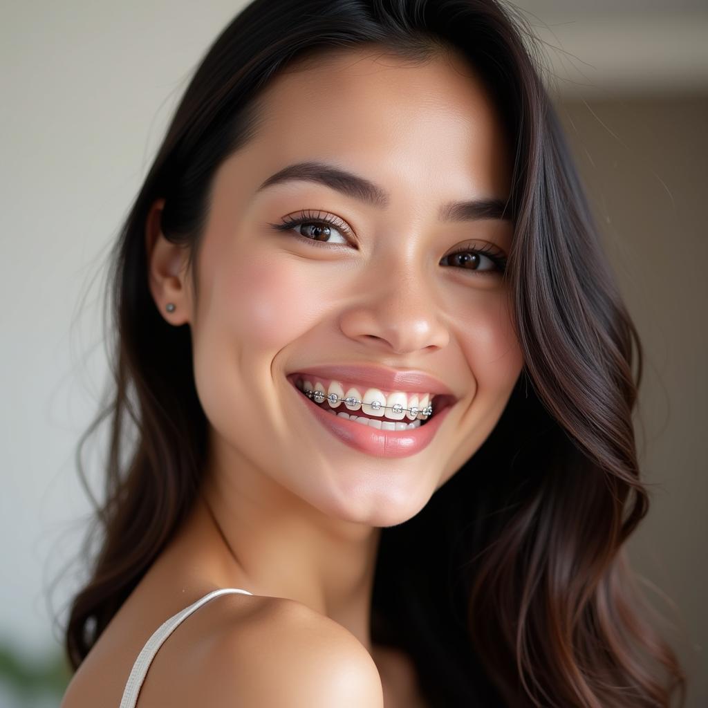  A woman smiling confidently with braces.