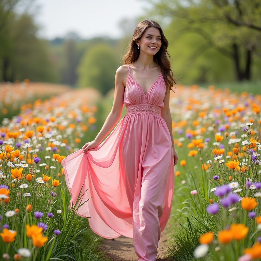 Woman Wearing Pink Dress in Field