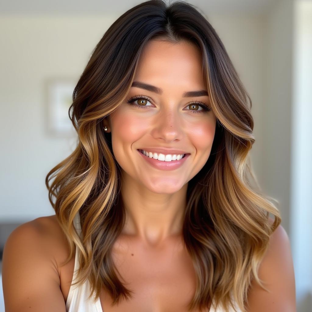 Woman with medium brown hair and honey blonde highlights