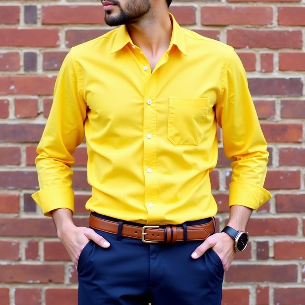 Man in Yellow Shirt and Navy Pants