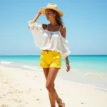 Yellow shorts with white top beach outfit