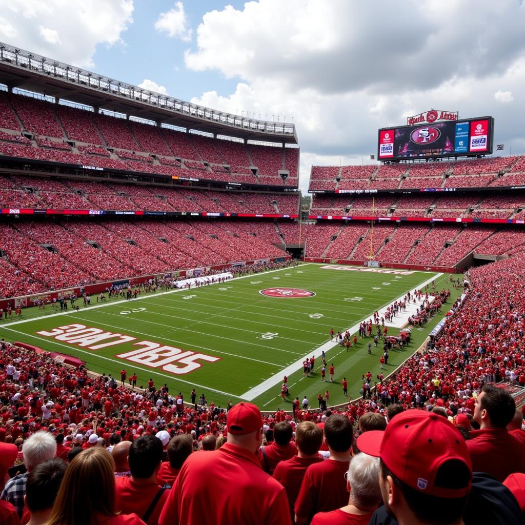 49ers fans decked out in red and gold, showing their support at a game.