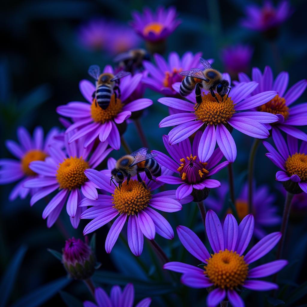 Bees Pollinating Purple Flowers from a UV Perspective