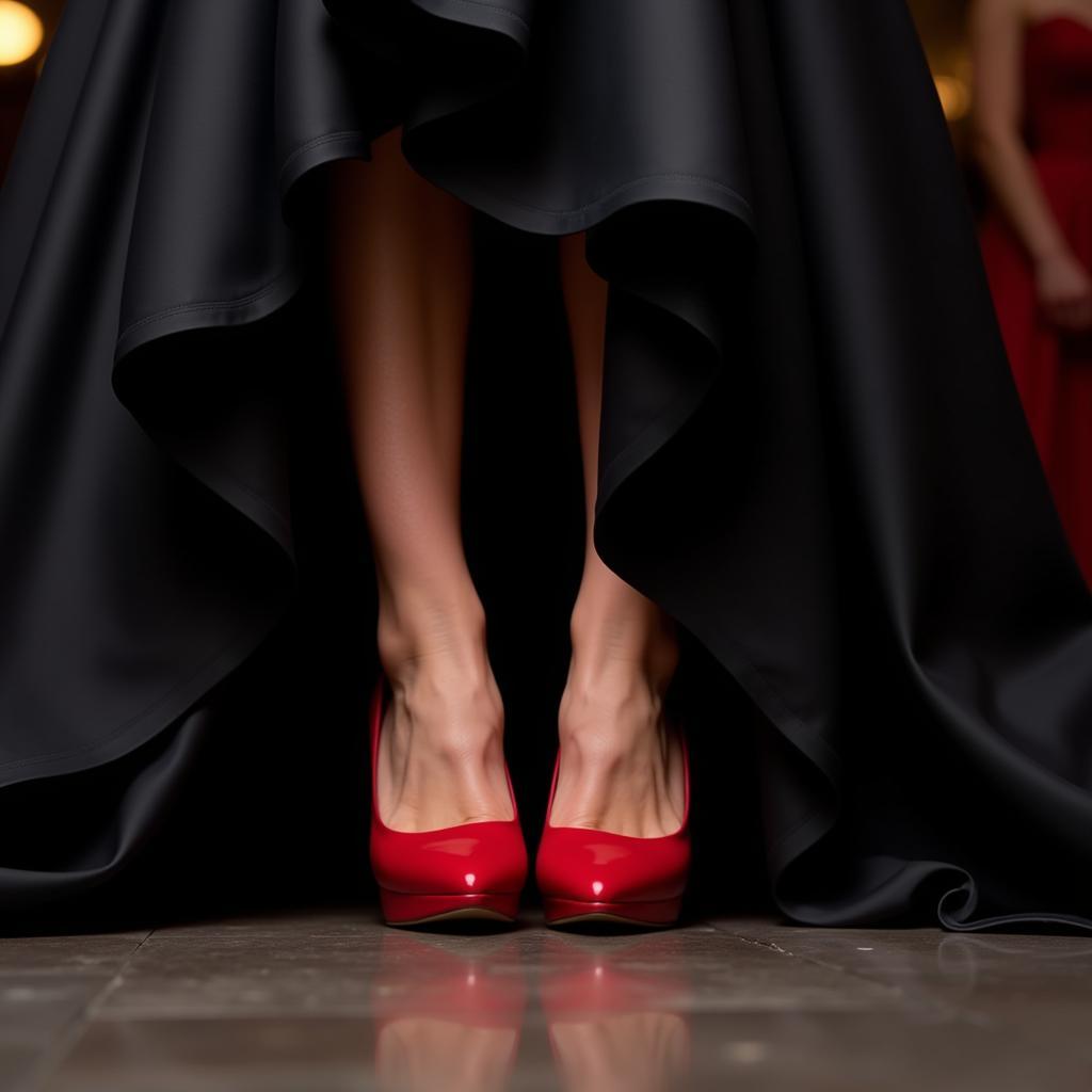 Red shoes with a black prom dress for a bold prom night look