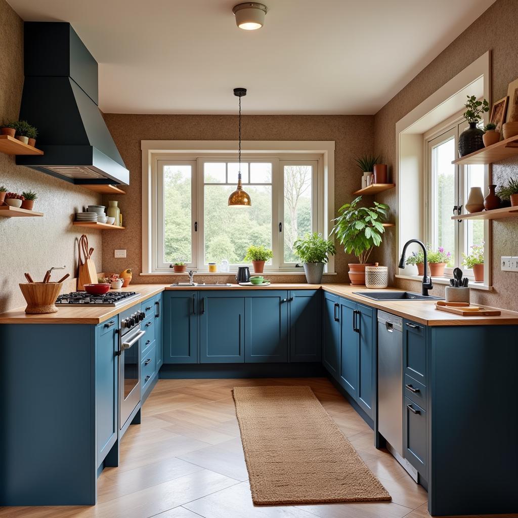 Blue Kitchen Cabinets Brown Countertops Wooden Accents