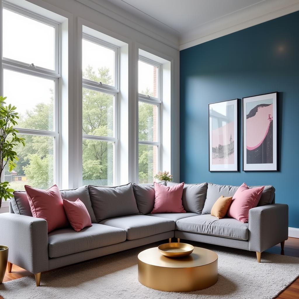 Blue and Pink Living Room with Grey Sofa