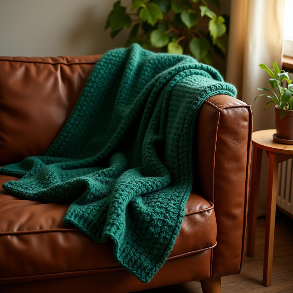 Brown couch with a green throw blanket for a cozy living room