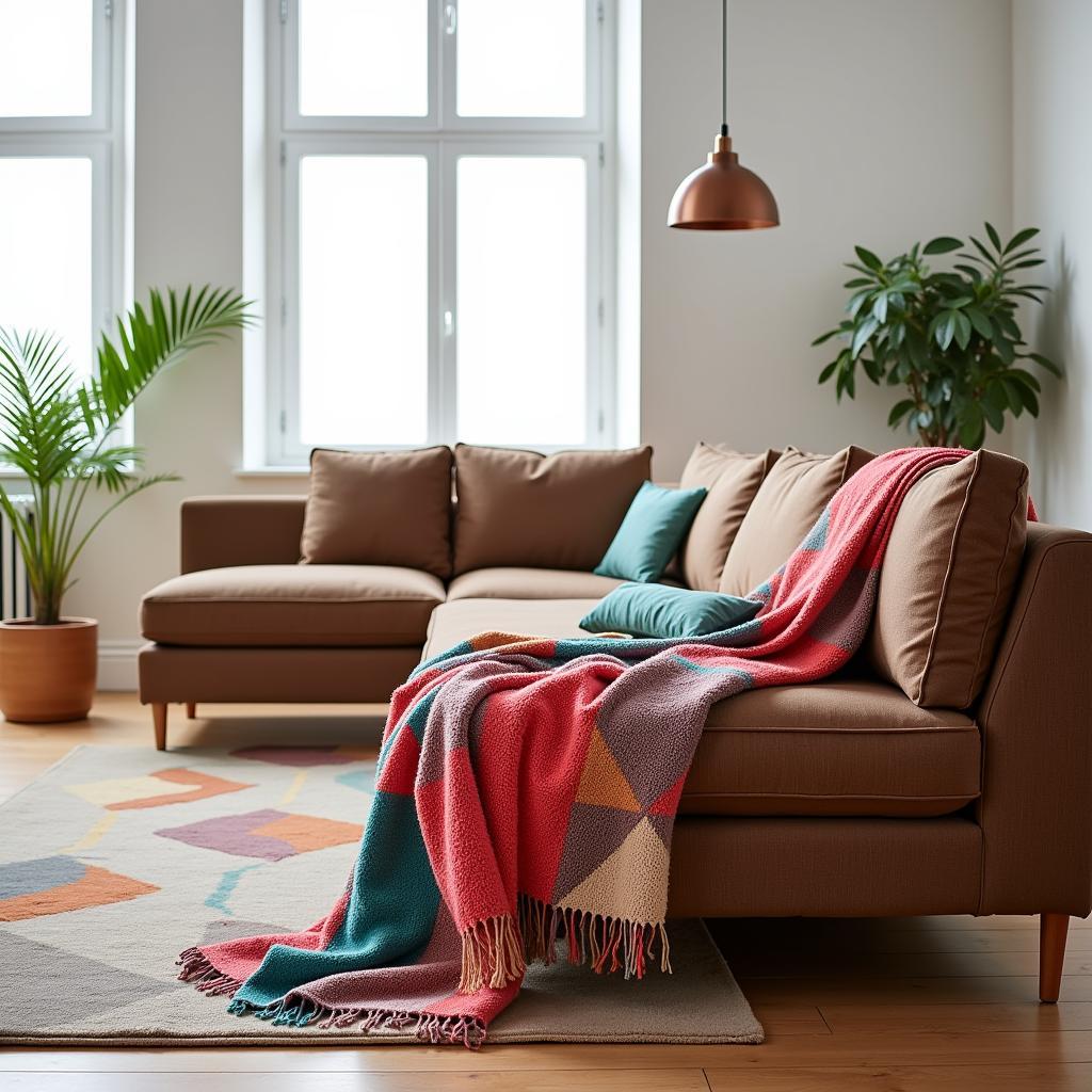 Brown couch with a patterned throw blanket for a vibrant living room