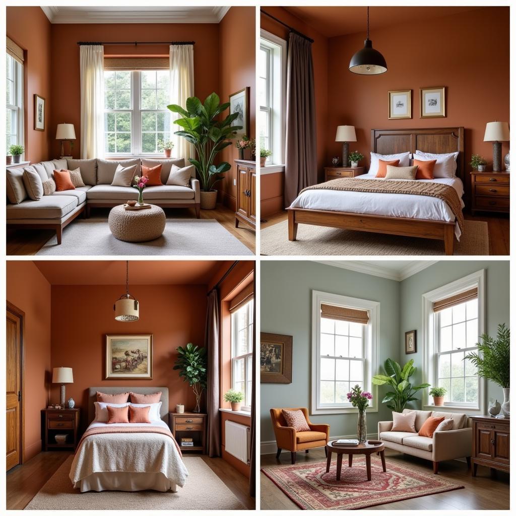 Brown paint incorporated into different interior design styles