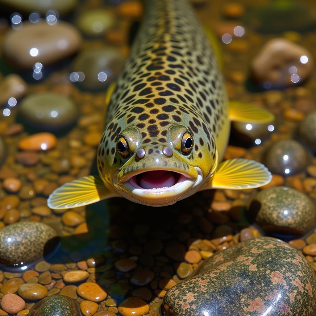 Brown Trout Camouflaged Among River Stones