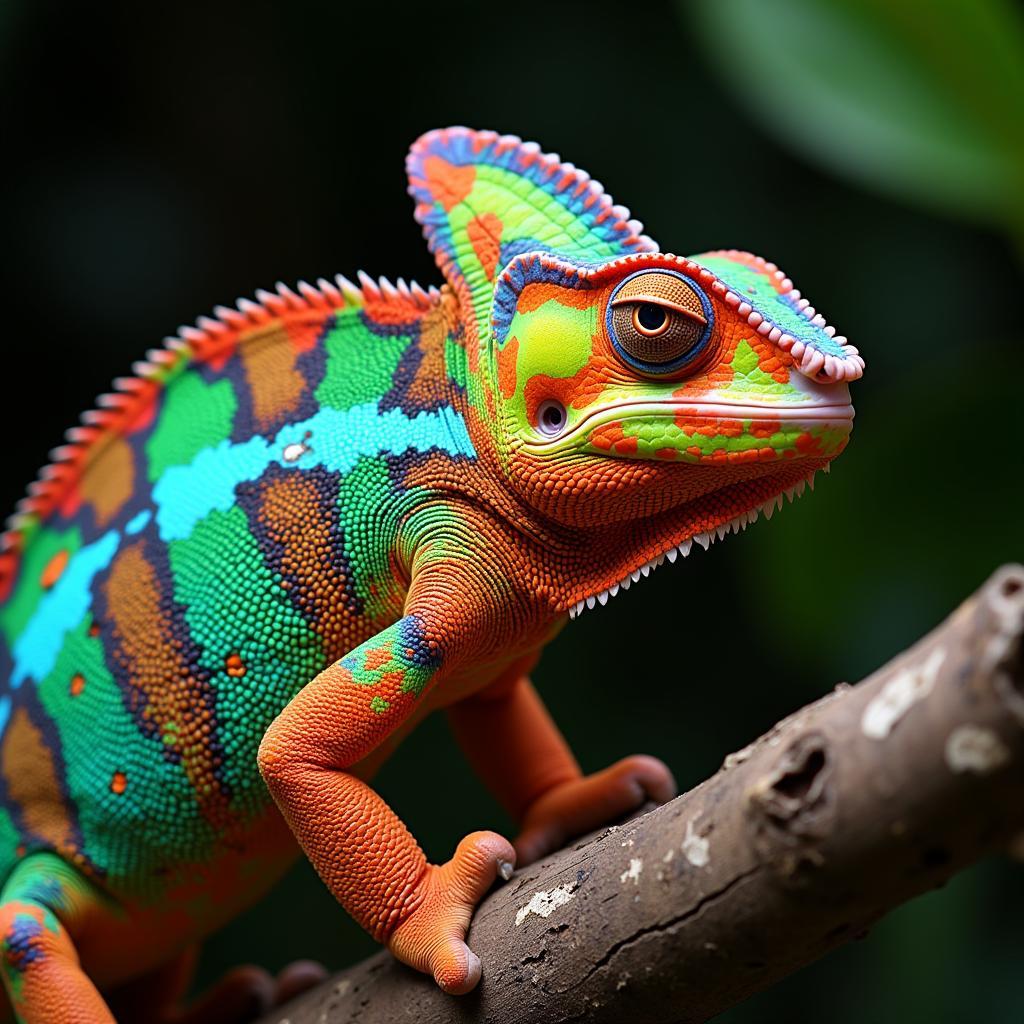 Chameleon Displaying Vibrant Colors During Courtship Ritual