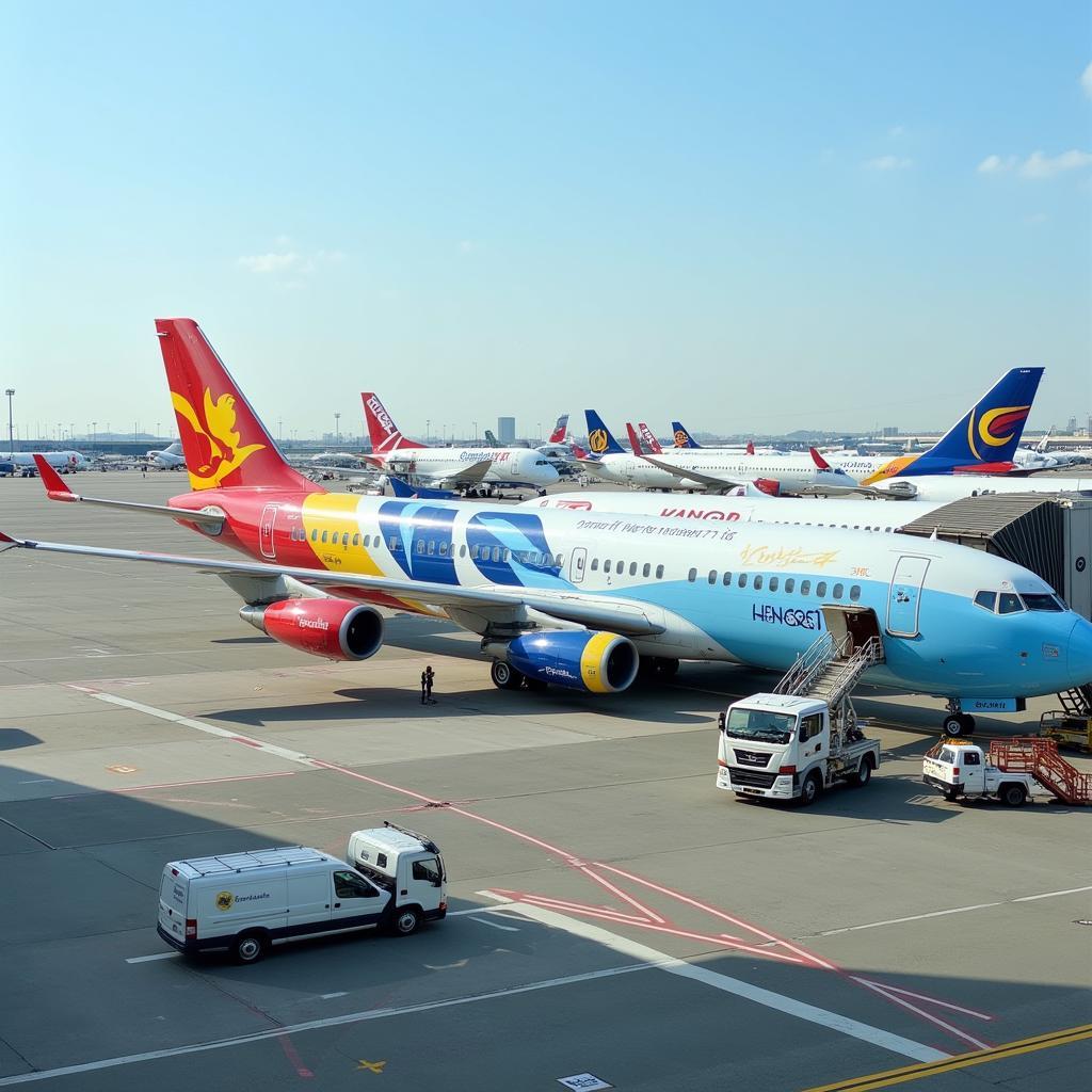 Colorful Airplane Liveries at an Airport Tarmac