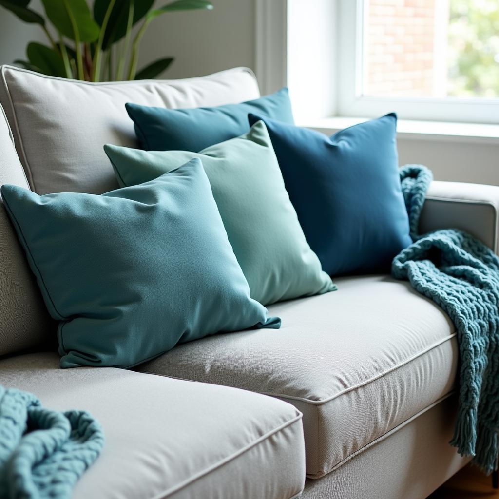 Cool Toned Pillows on a Grey Couch