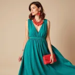 Coral accessories complement a blue-green dress