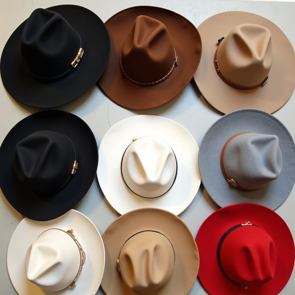 Cowboy hats in various colors displayed on a wall.