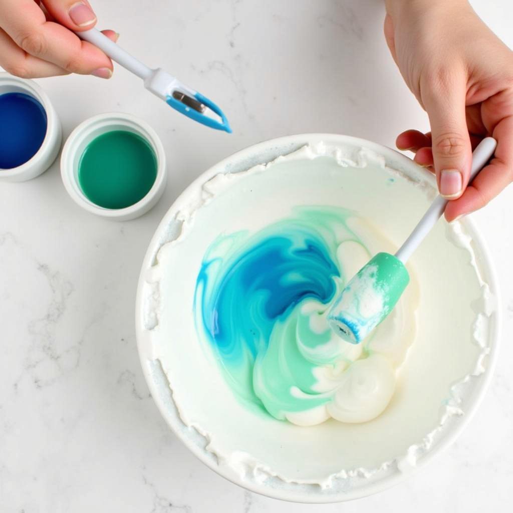 Mixing Blue and Green Gel Food Coloring to Make Teal Frosting