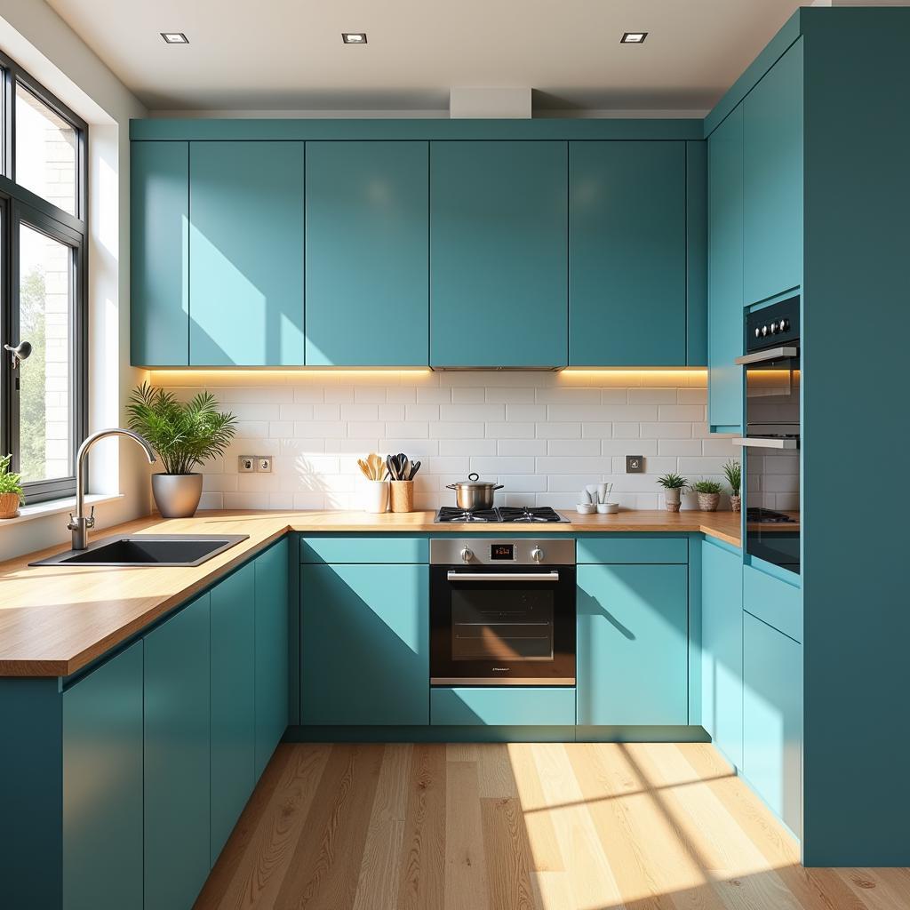 Cyan Accents Combined With Warm Wood Tones in a Modern Kitchen