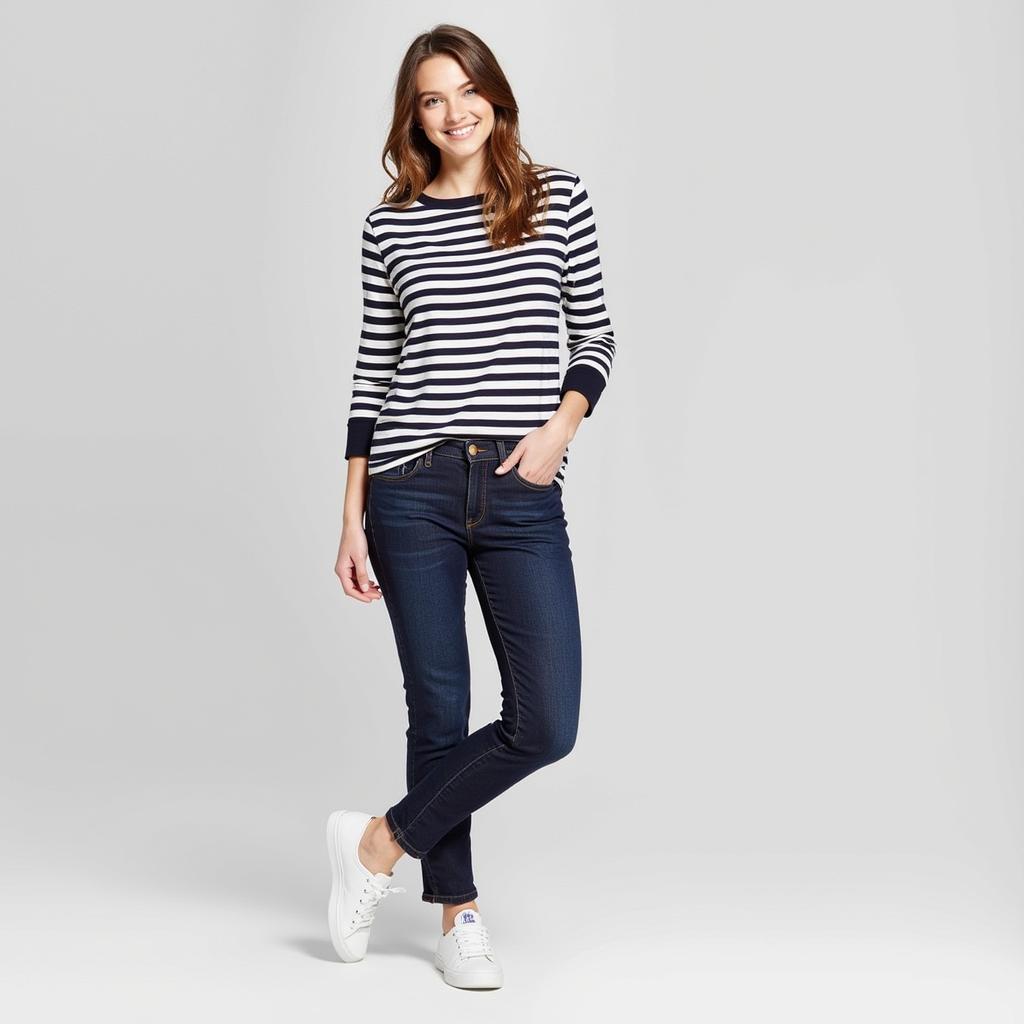 Dark Blue Jeans with Striped Top: A Casual and Stylish Look