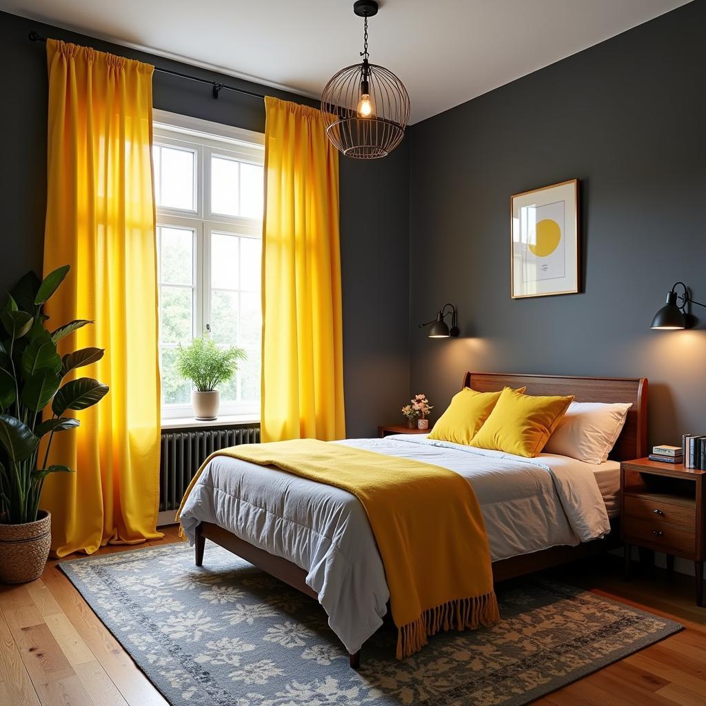 Dark grey walls with yellow curtains in a bedroom