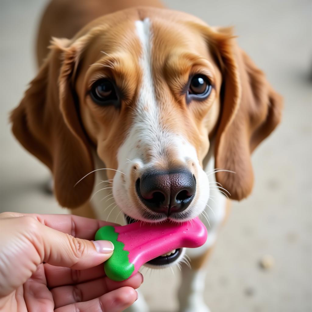 Dog Eating a Colored Treat